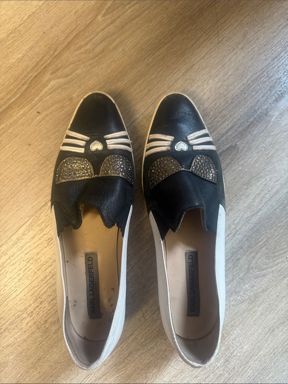 Karl Lagerfeld Black and White Slip-On Flats with Sparkle Heart Motifs